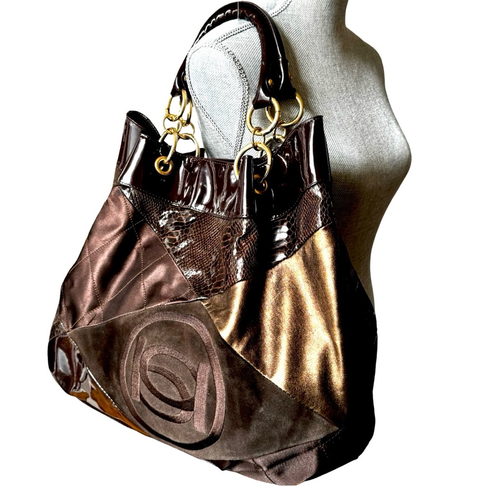 Bebe Tote, Brown Patchwork With Gold Hardware, Vi… - image 3